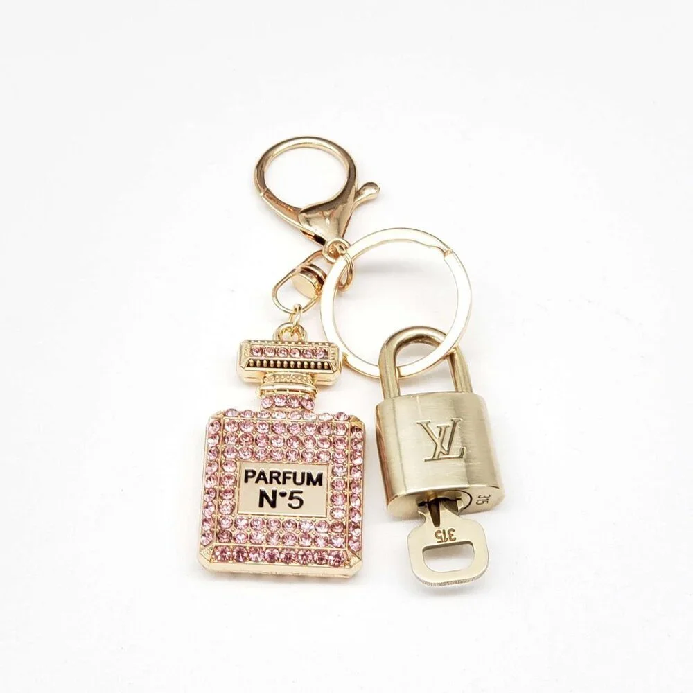 LV Authentic Gold Padlock 🔒 Key Set w/ Unbranded N5 Bottle Keychain Charm